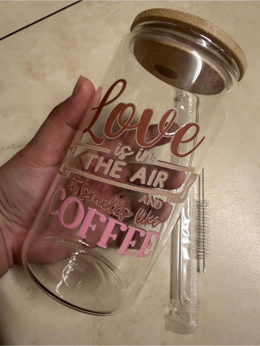 16oz Glass Tumbler with Bamboo Lid and Straw including cleaning brushes